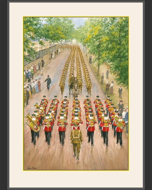 1st Battalion Irish Guards marching to war from Wellington Barracks 1914