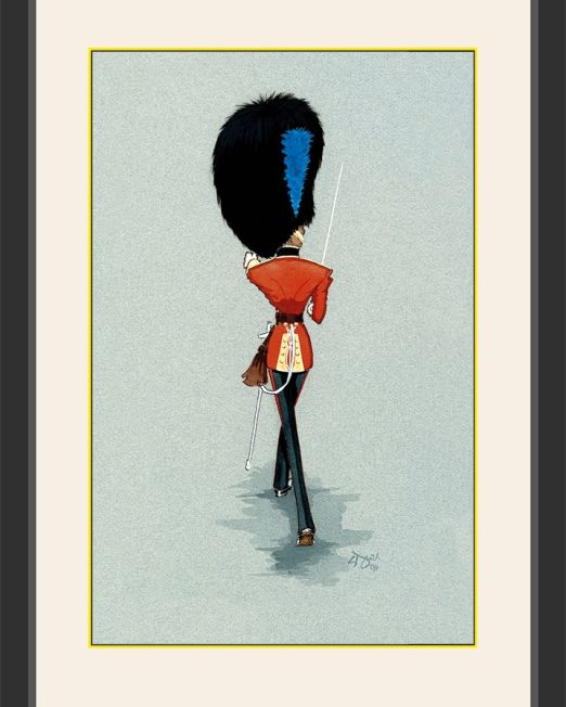 Irish Guards Officer marching away caricature drawing